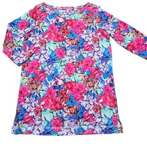 Lands’ End Floral Cotton Top Boat Neck 3/4 Sleeve Coastal Resort Casual Sz S
